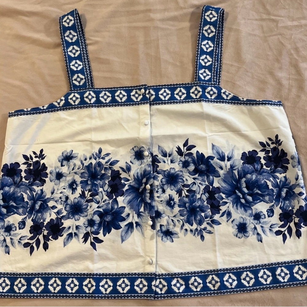 Lands' End Cream Tank with Blue Floral Print